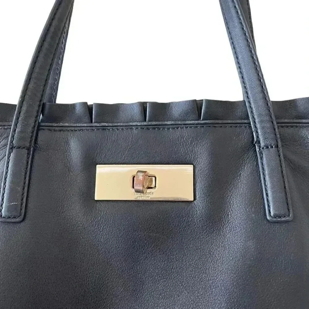 Kate Spade New York Logo Black Leather Tote Double Handles Shoulder Bag Ruffle - Image 2