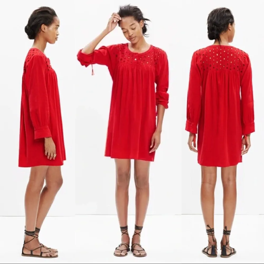 Madewell • Daybreak eyelet dress linen shift mini peasant boho Tropical Coral - Image 3