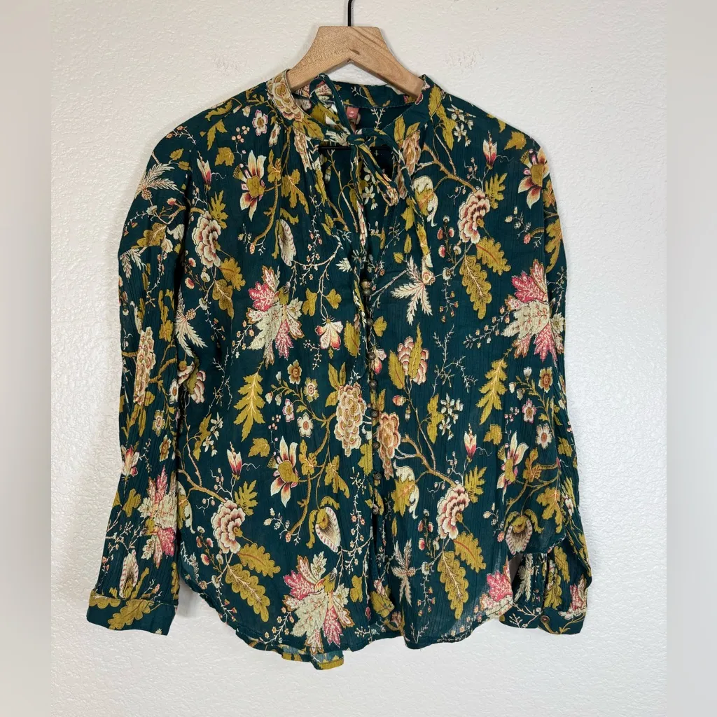 Anthropologie Pilcro The Tavi Tie Neck Floral Button Down Blouse Green Small SP - Image 5