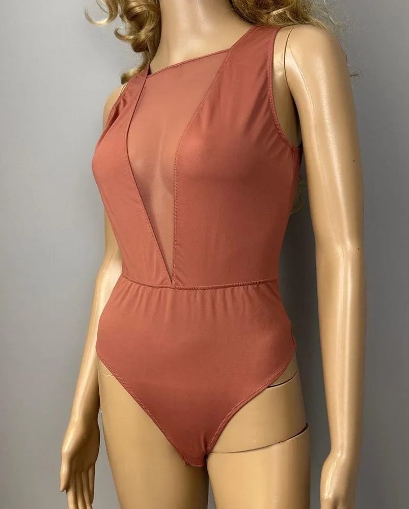 Victoria’s Secret Plunge Mesh Panel Bodysuit Thong Size Medium Rust Mauve - Image 4