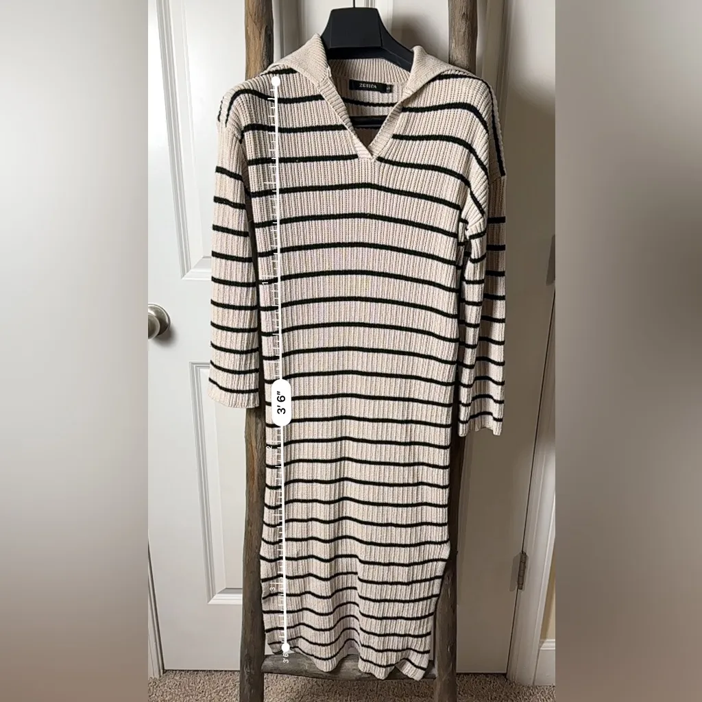 Women's Stripes Maxi Dress Casual Long Sleeve Lapel V Neck Loose Knitt / Small Black - Image 3