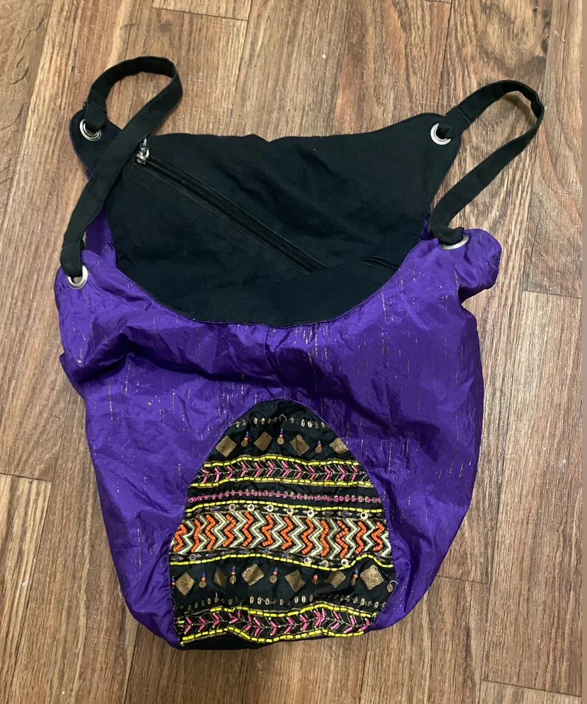 Zingara Shoulder Tote Beach Bag Purple Boho Beaded 15”H X 15”W X 7.5” Deep Black - Image 1