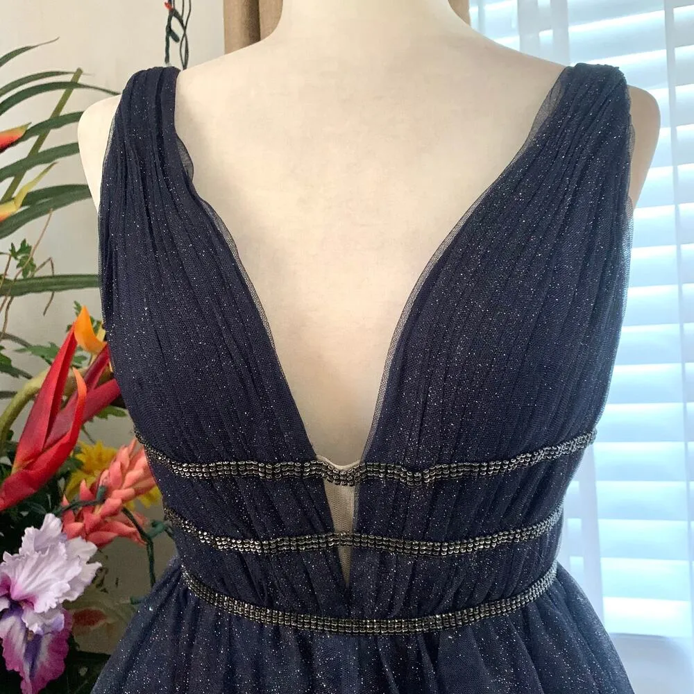 Mac Duggal Glitter Rhinestone Tulle Mini Dress in Midnight Blue - Image 4