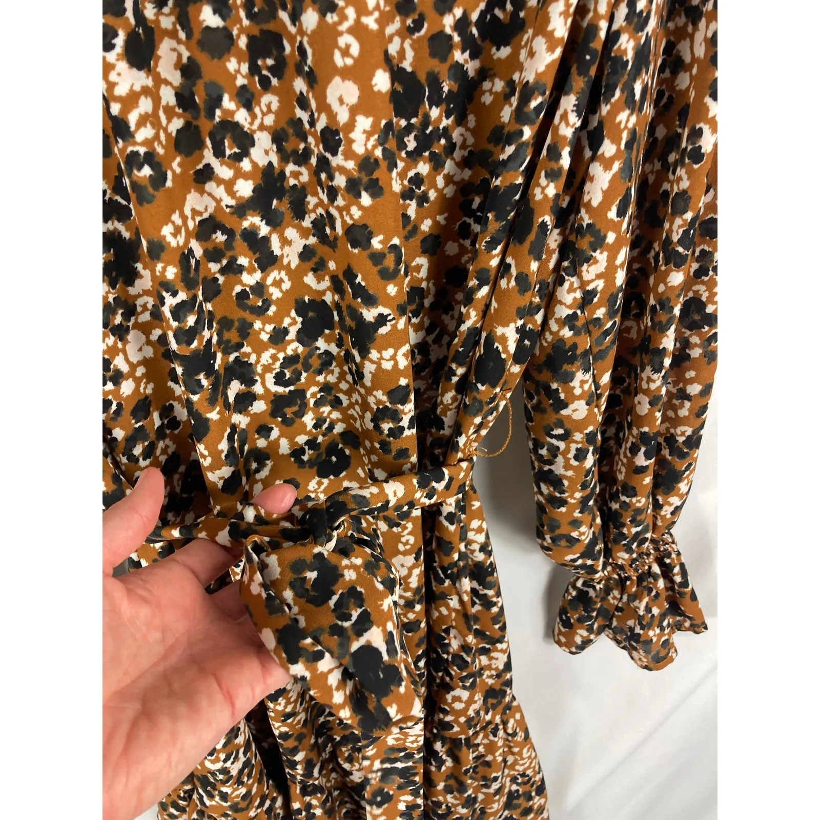 Ophelia Roe Patterned Brown Belted Long Sleeve High Neck Dress Size XL - Image 3