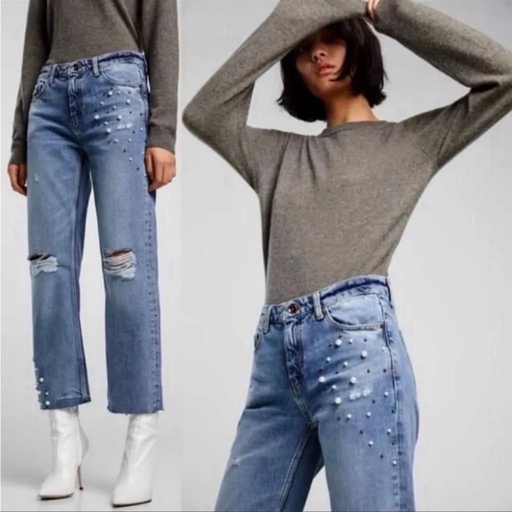 Zara Basic Z1975 Denim Straight Pearl Distressed Embellished Jeans 2 - Image 3