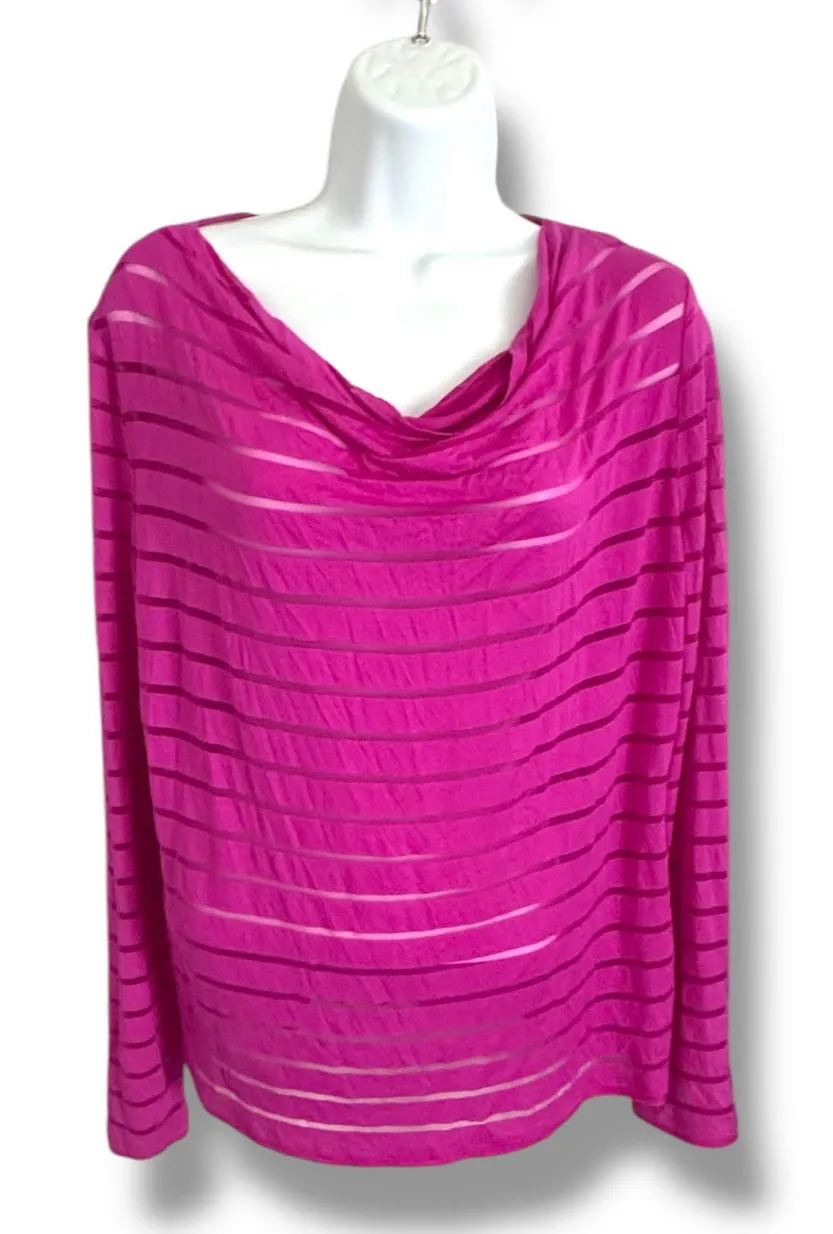 Women INC Magenta Flame Cowl Neck Long Sleeve Illusion Striped Top Sz Lg - Image 1