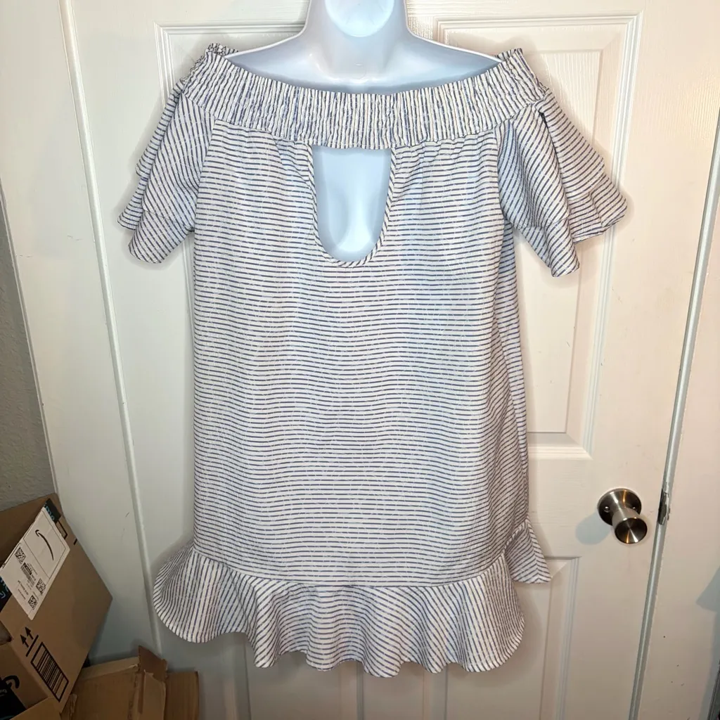 Romeo & Juliet Couture Blue White Seersucker Ruffle Tier Off Shoulder Dress L - Image 10