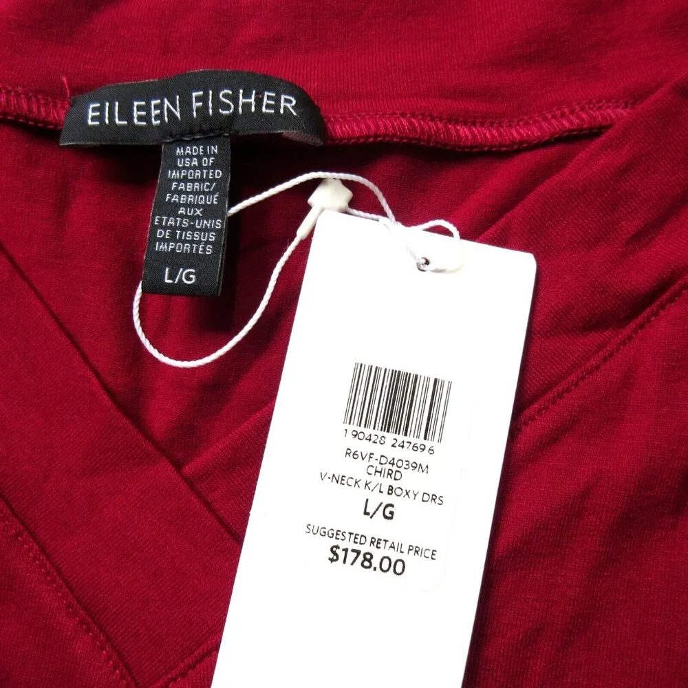 NWT Eileen Fisher V-Neck Boxy Shift in China Red Viscose Jersey Dress L - Image 4