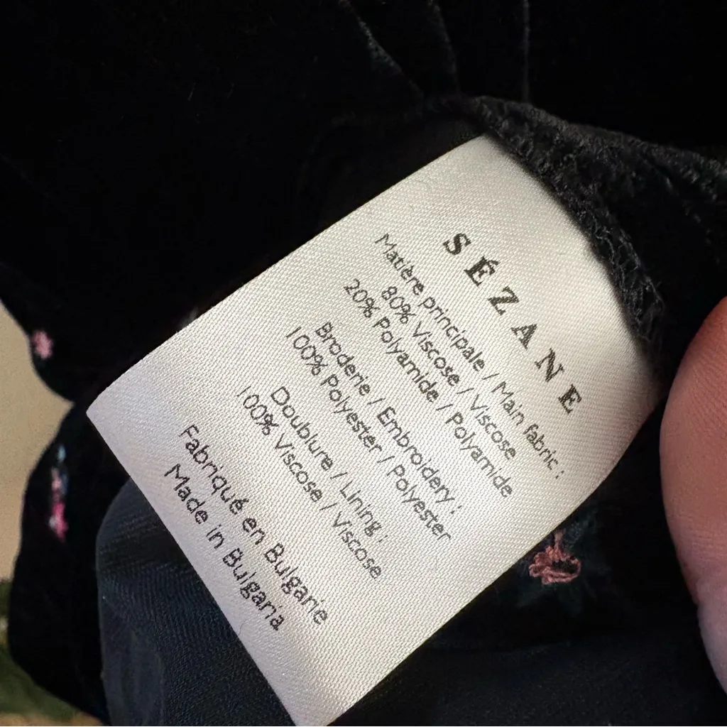SEZANE Velvet Titiane Dress Midi Floral Embroidered In Noir Broderie Size 34 NWT - Image 8