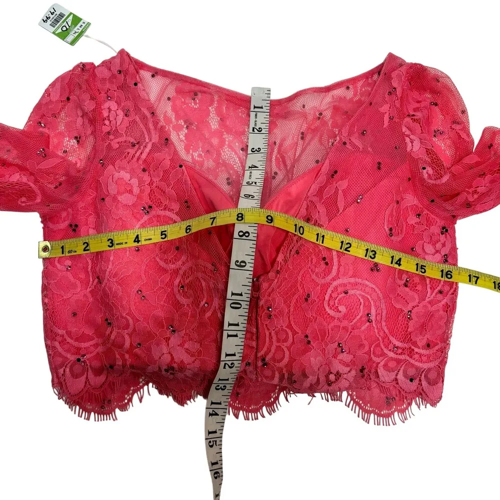 Sherri Hill Long Sleeve Lace Crop Top Full Length Mermaid Train Skirt Pink 10 - Image 16