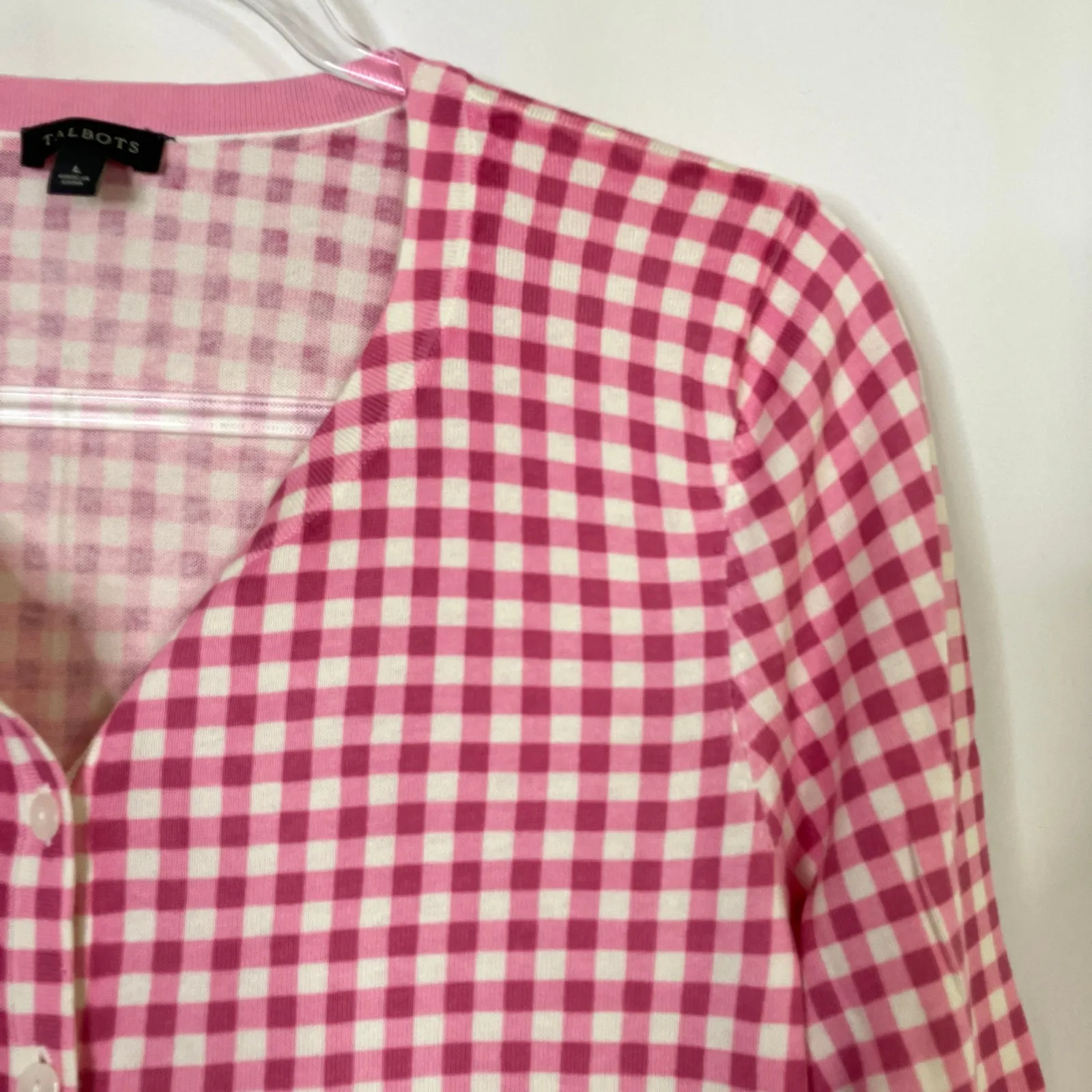 Talbots Pink Gingham Cardigan Sweater Cotton Rayon 3/4 Sleeve Womens Large - Image 2