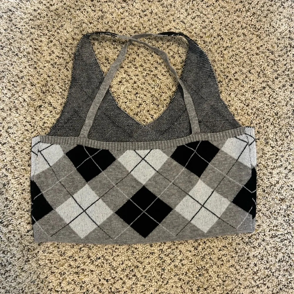 Gray and Black Argyle Knit Halter Top - Image 3