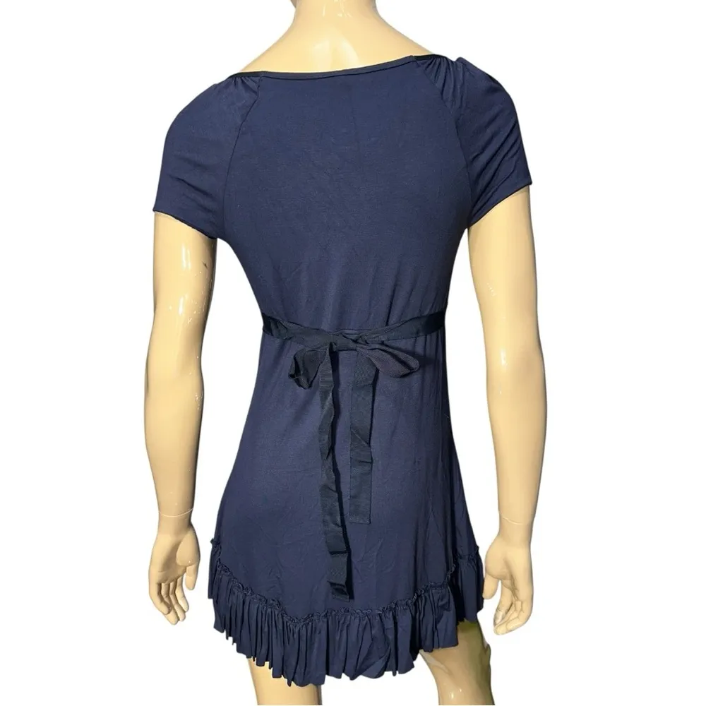 Three Dots Women’s Size S Navy Blue Babydoll Tie Back Ruffle Hem Mini Dress - Image 5