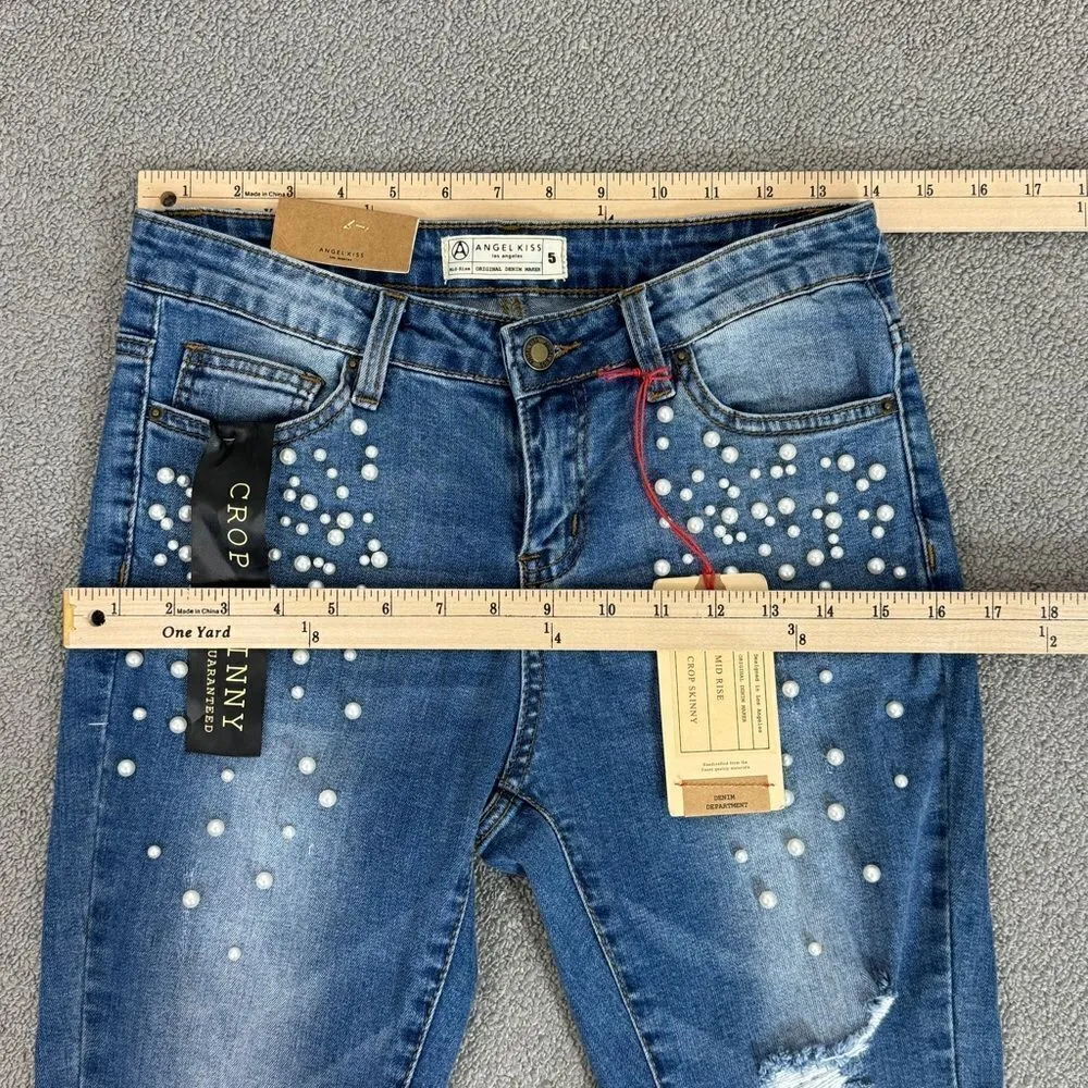 Angel Kiss Pearl Detail Destructed Rolled Cuff Skinny Jeans Blue Juniors 5 - Image 12