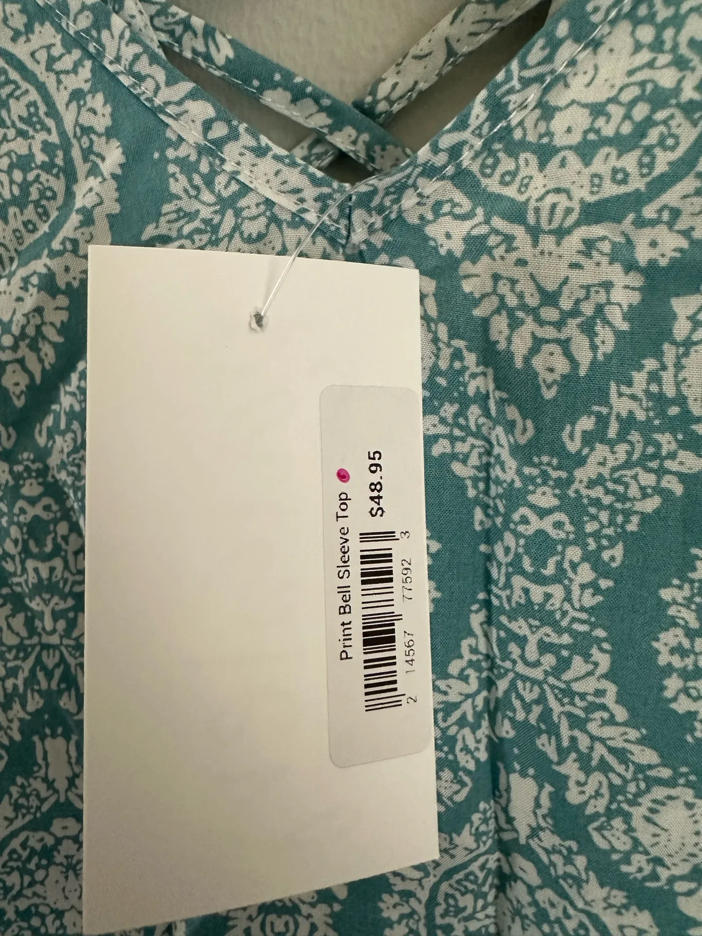 NWT Entro Print Bell Sleeves Top Bohemian V Neck Blouse Cross Back Size Large - Image 6