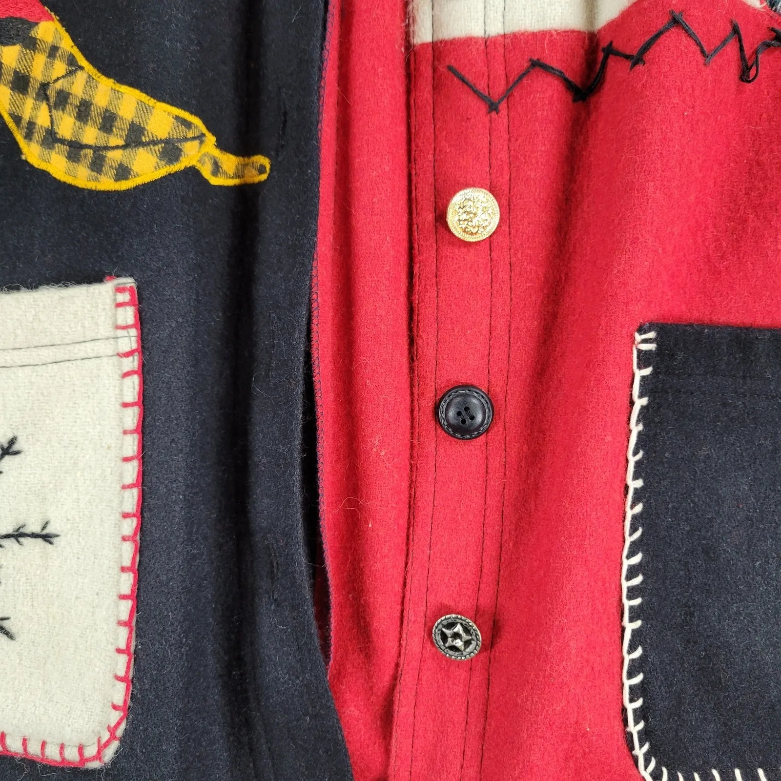 At Ease Women's Wool Cardinal Jacket 1X Red Black Collared Embroidered Patchwork - Image 6