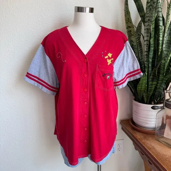 Vintage Disney Pooh Button Front Basketball Shirt Red grey‎ Varsity V-Neck Top - Image 7