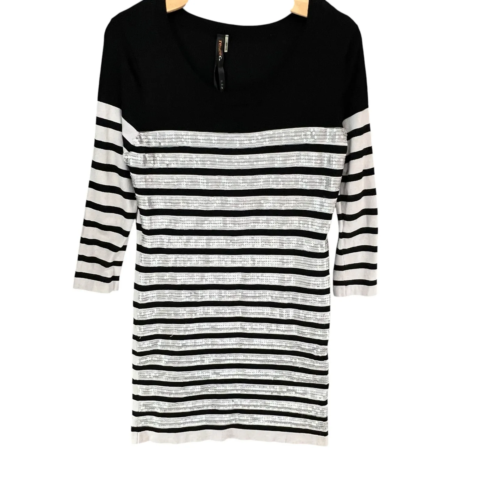 Renee C Sequin Sweater Dress Womens M White Black Stripe Silver Party Holiday Size M - Image 2