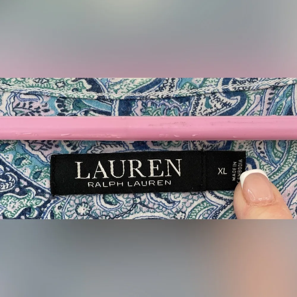 LRL Ralph Lauren Cotton Blend Nightgown Blue Paisley Flutter Cap Sleeves; XL - Image 4