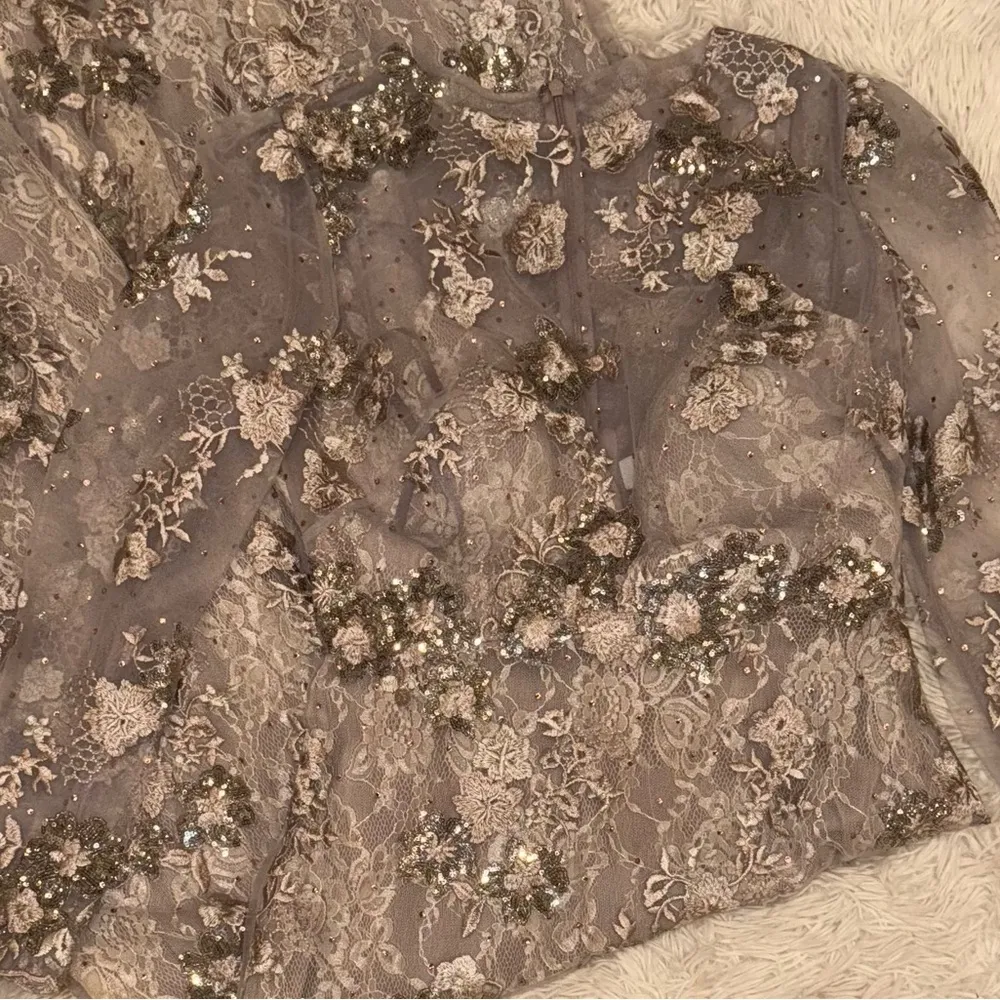 NEW MAC DUGGAL Beige Floral Embroidered Illusion Long Sleeve Evening Gown Sz 8 - Image 7