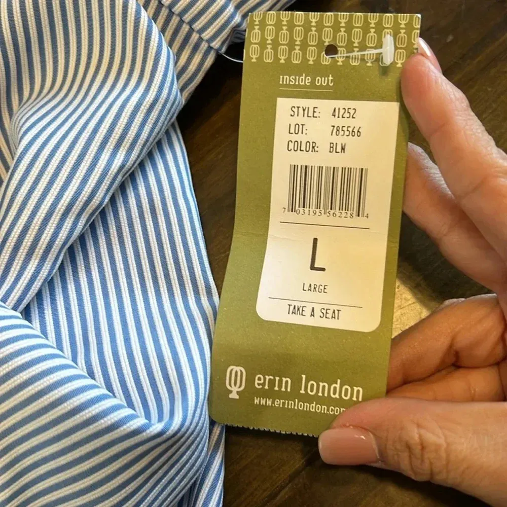 Erin London Striped Lightweight Jacket Coastal Large Zipper 3/4 Sleeve Collared Blue - Image 10