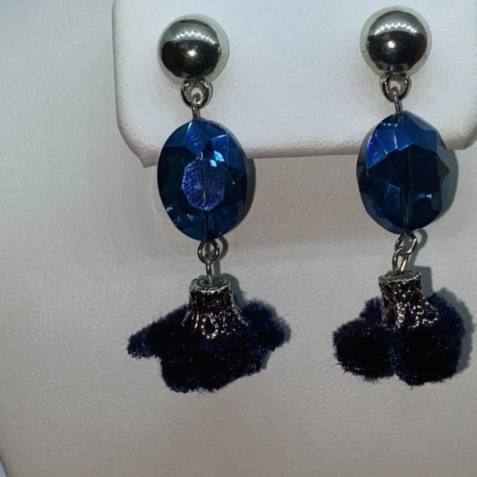 Silver-Tone Blue Beaded & Pom-Pom Dangle Earrings - Image 2