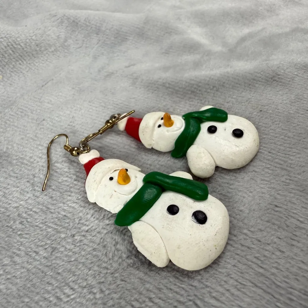 Snowman Christmas Earrings White Green Polymer Clay Dangly Hook Festive Jewelry - Image 13