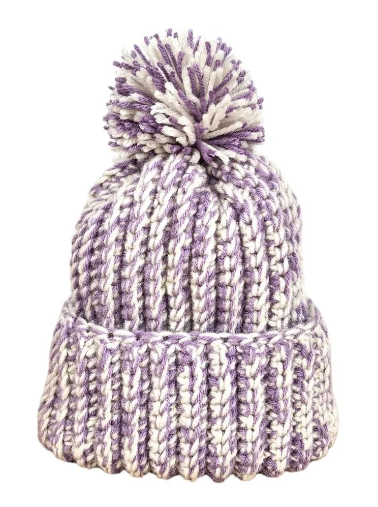 New Handmade Crochet Chunky Ribbed Beanie Cream Purple Pompom Warm Hat Cap - Image 1