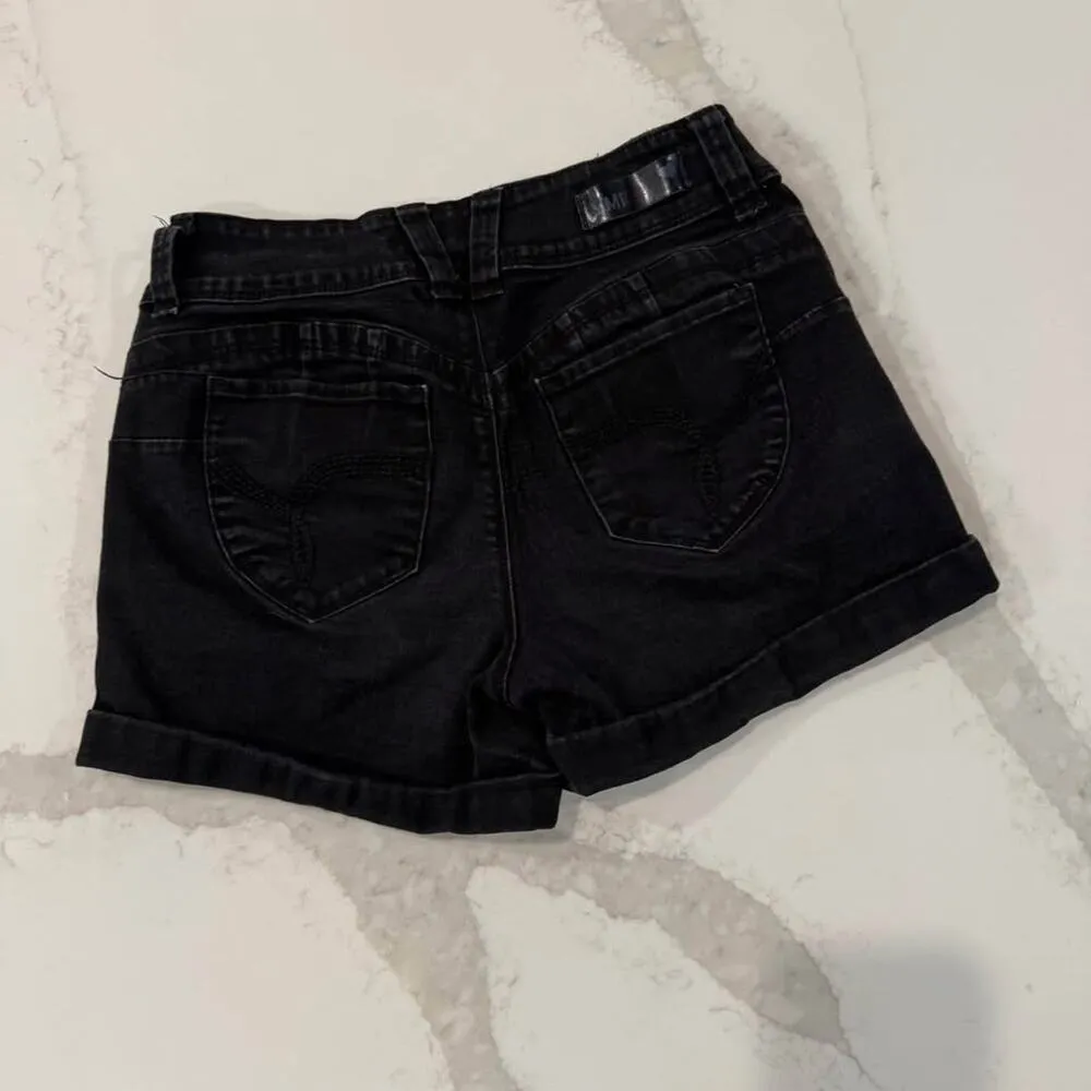 YMI Wanna Betta Butt HighRise Distressed Cuffed Denim Jean Shorts Womens 5 Black - Image 5