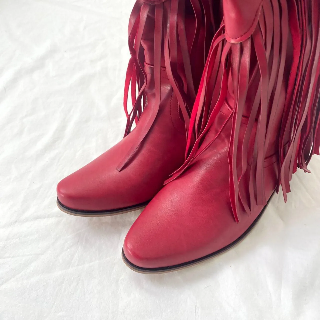NEW Western Burgundy Red Faux Leather Fringe Mid Calf Cowboy Boots US 8.5 - Image 3