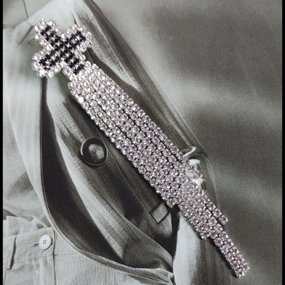 Silver Crystal Rhinestone Cross Tassel Earrings - Image 2