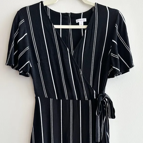 xhilaration Black and White Striped V-Neck Wrap Mini Dress, Size Small - Image 2
