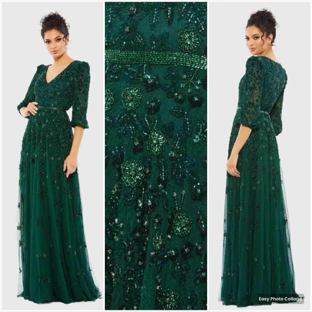 Mac Duggal 5497  Womens Green Embellished V Neck 3/4 Sleeve A Line Gown Regular - Image 2
