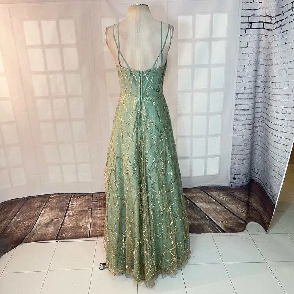TLC Say Yes to the Prom Green Gold Sequin Glitter Sleeveless Ball Gown Size 9 - Image 5