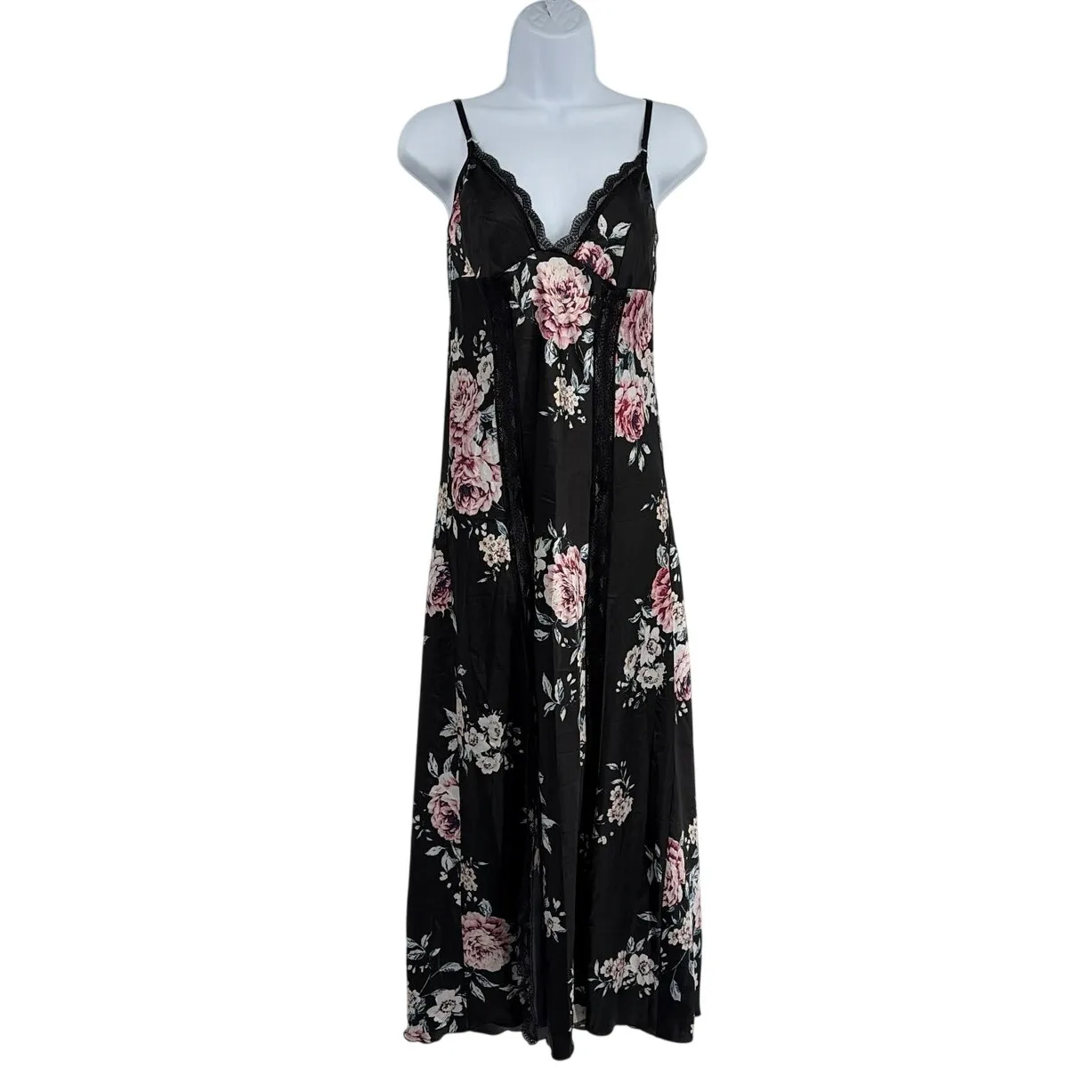 Black Floral Slip Dress Sz M Whimsigoth Slits Y2K Romantic Fairy Grunge Lace - Image 2