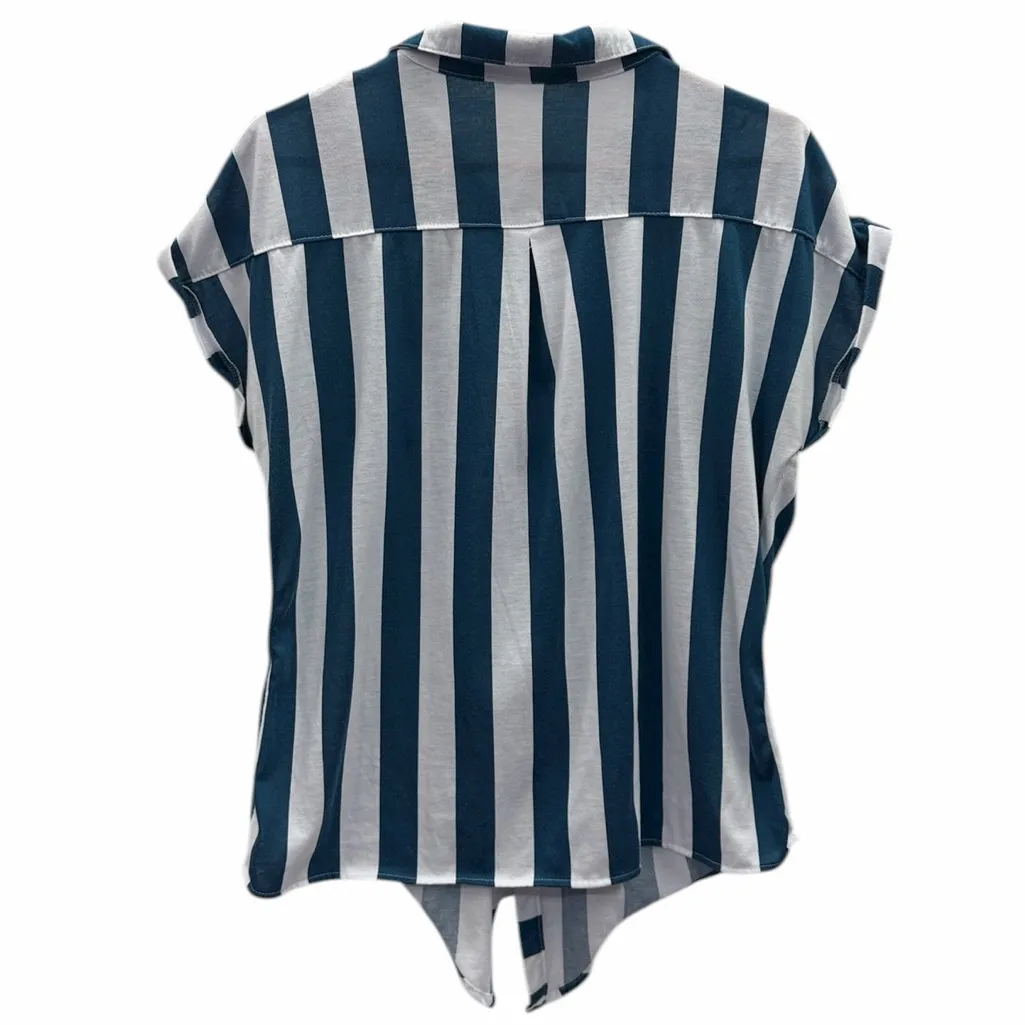 Eden & Olivia Short Sleeve Blue White Striped Button Up Tie front Pocket Shirt M - Image 9