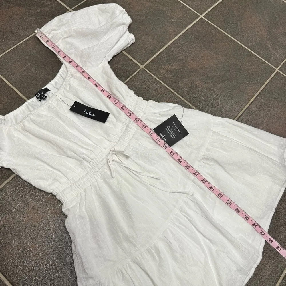 NEW Lulus Sunny Day Feeling Tiered Puff Short Sleeve Mini Dress White Small S - Image 13