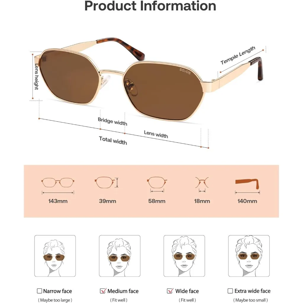 Unisex Gold/Brown Trendy Hexagon Sunglasses for UV400 Retro Rectangle Shades Gold - Image 4