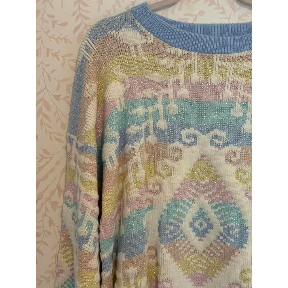 80's Vintage Pastel Geometric Lurex Rainbow Knit Sweater Blue Size XL - Image 3