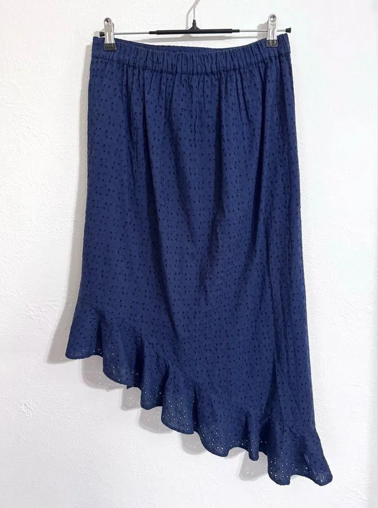J. Crew Mercantile Eyelet Asymmetrical Ruffle Midi Skirt, navy blue, size small - Image 2