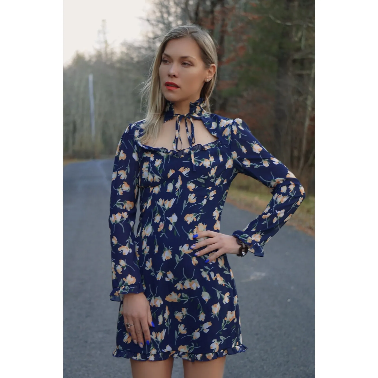 Women's Floral Print Heart Neck Long Sleeve Cocktail Party Mini Dress Size XL - Image 5