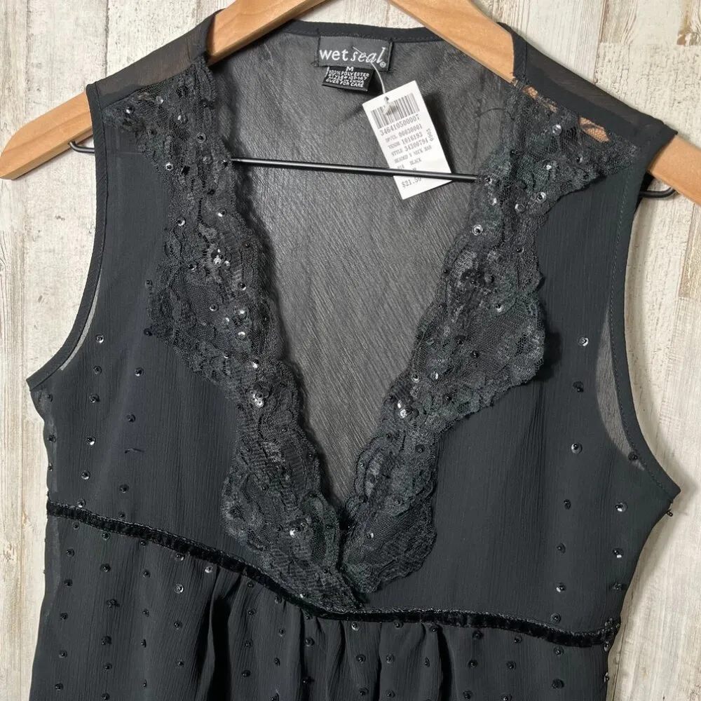 Vintage Y2k Wet Seal Deadstock Black Mesh Sequin Babydoll Top Womens Size Medium - Image 2