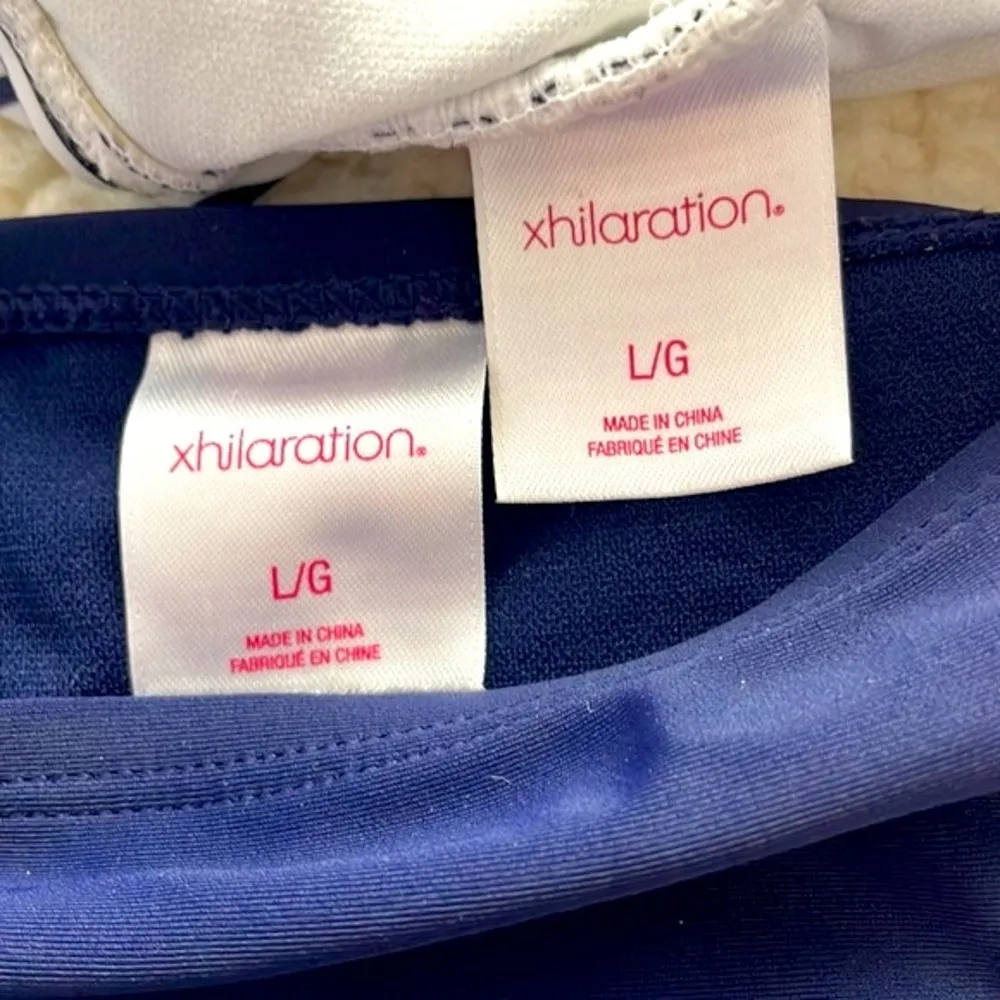 Xhilaration Navy and White Stripe Ruffle Bikini Top Tie Sides Bikini Bottom Sz L - Image 7