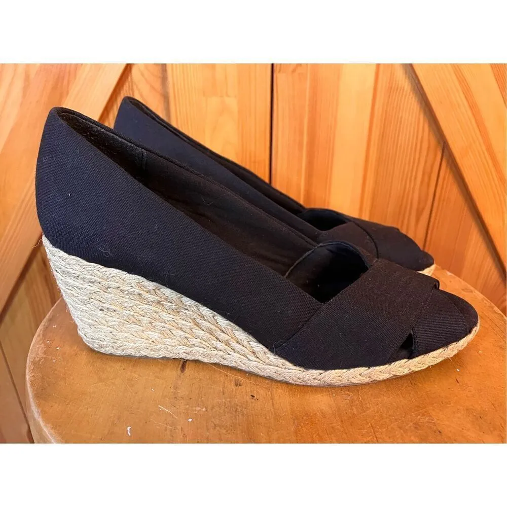 Chaps Heels Womens 8.5 Dakoda Slip On Peep Toe Espadrille Wedge Black Fabric - Image 3