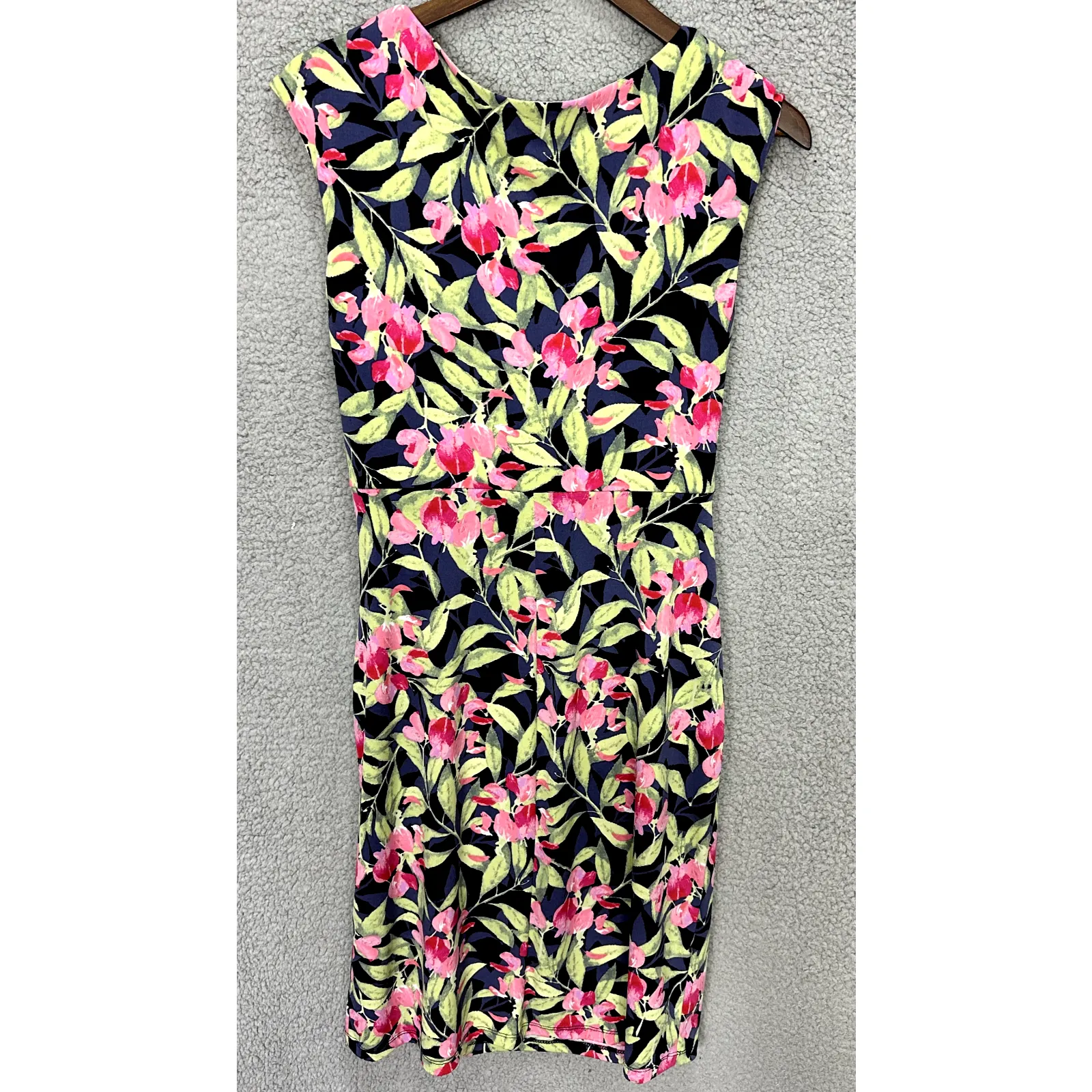 Connected Apparel Floral Dress Women 10‎ Ruched Sheath Pink Navy Tropical Resort - Image 8