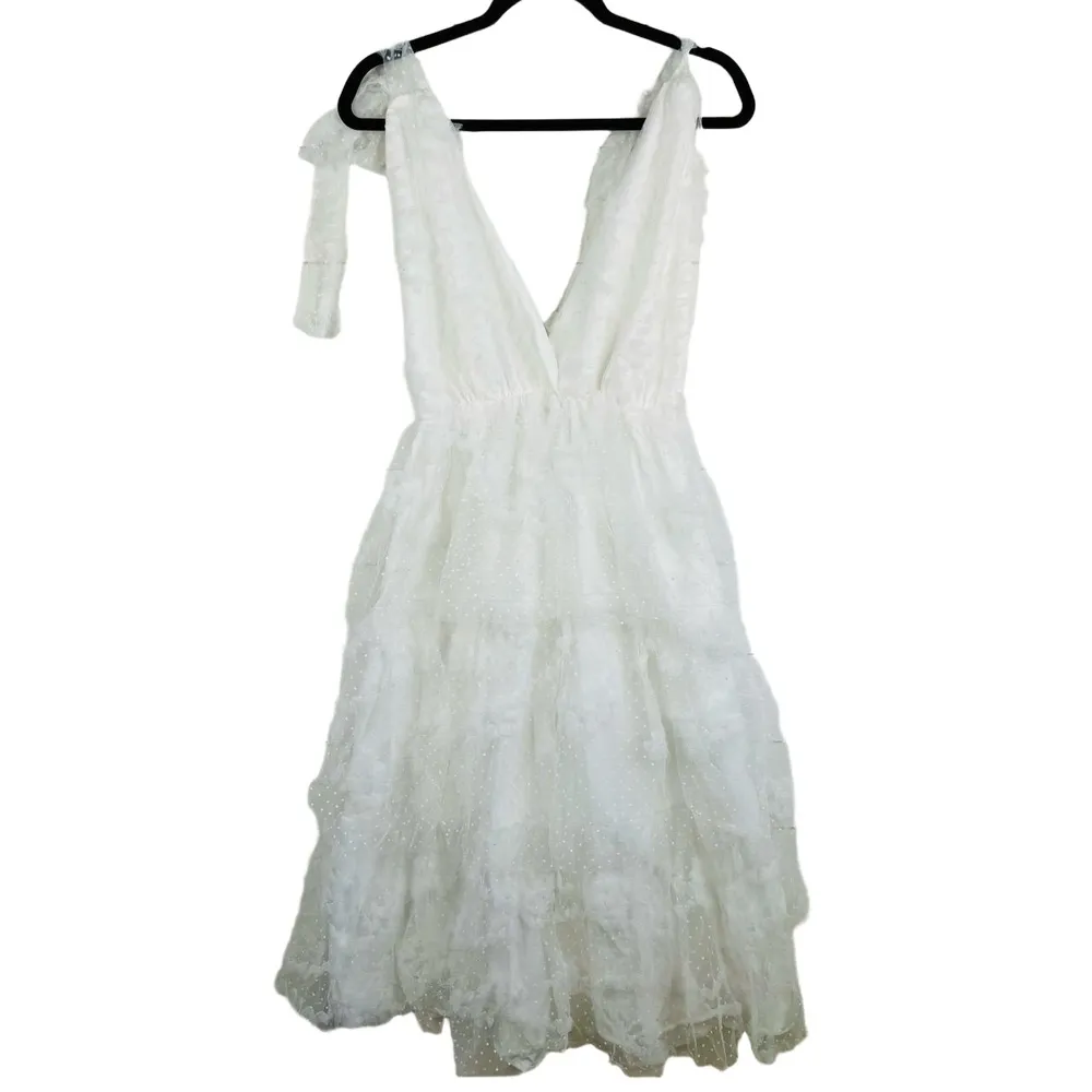 JUST ME White Lace Sleeveless Deep V-Neck Tiered Midi Dress Size L Open Back - Image 3