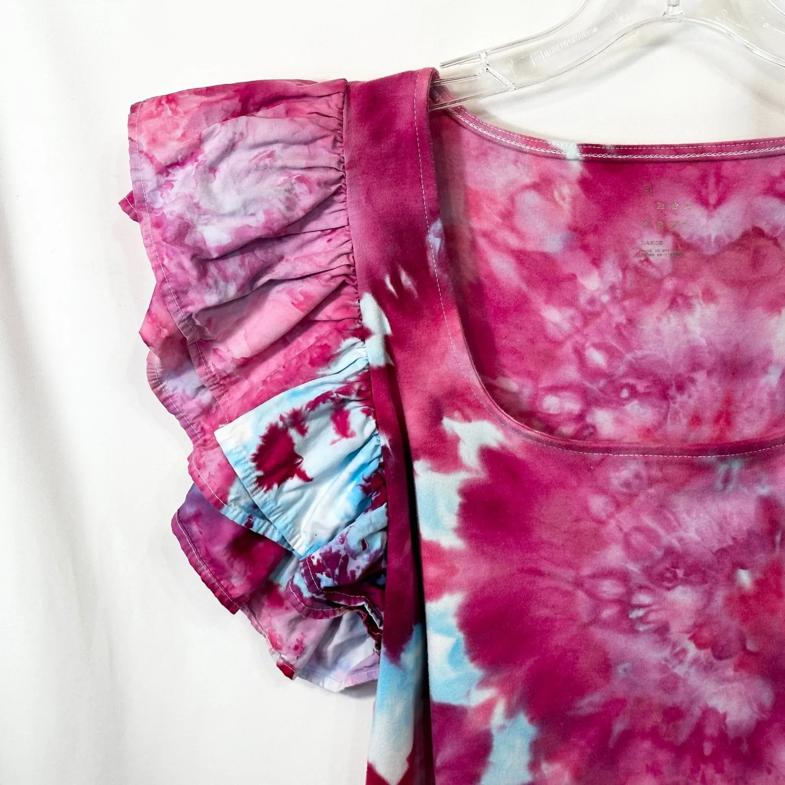 A New Day Large Top Handmade Tie Dye Ruffle Sleeve‎ Crop Pink Blue Artsy 1743 - Image 4