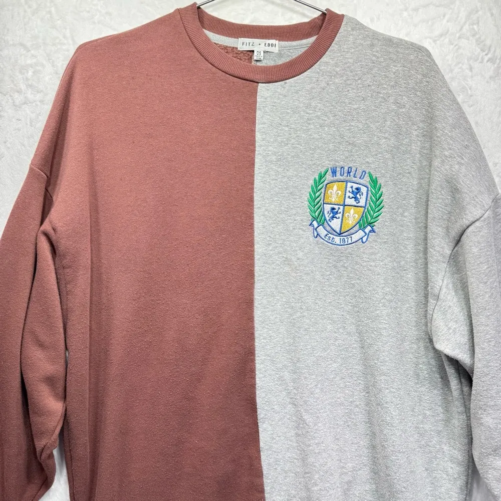 Fitz + Eddi 2 Tone Brown Gray Oversized Sweatshirt from Buckle Embroidered Crest - Image 3