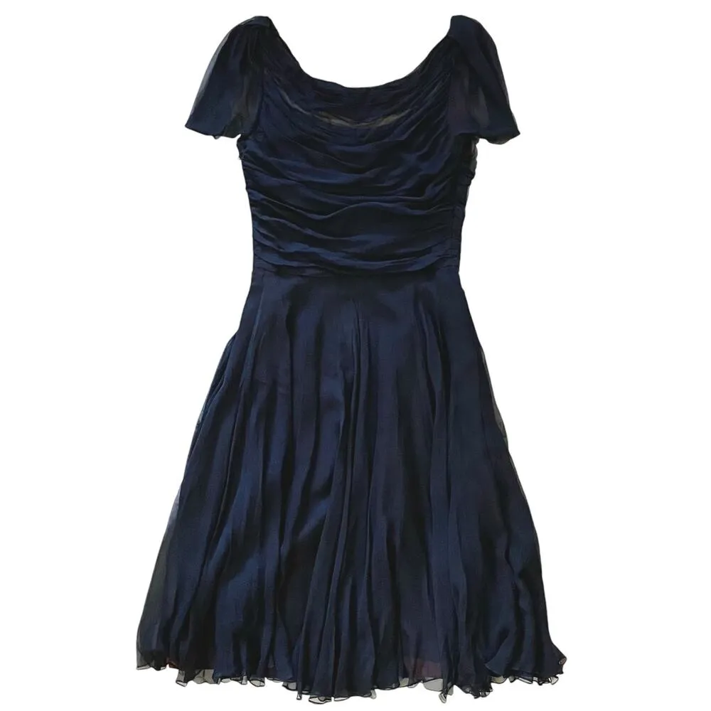 Vintage  Original Silk Chiffon Draped Navy Blue Midi Party Dress - Image 3