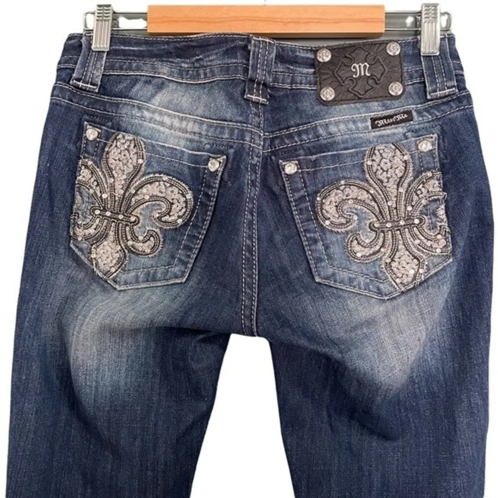 Miss Me Jeans FDL Easy Straight Dark Wash Rhinestone Bling Pockets Size 26 | 2 - Image 3